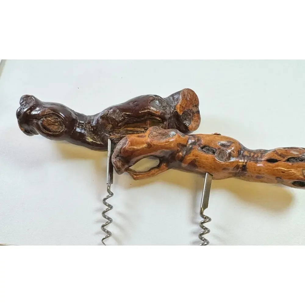 Vintage Driftwood Burl Corkscrew Set MCM Hand Carved Wine Opener - Bar decor